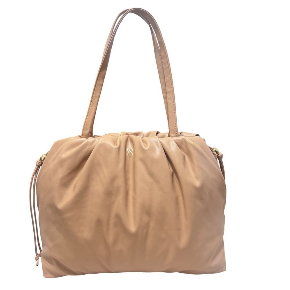 Victoria's Secret Tote‎ Bag Womens Large Tan NEW Slouchy Pleated Gold Logo